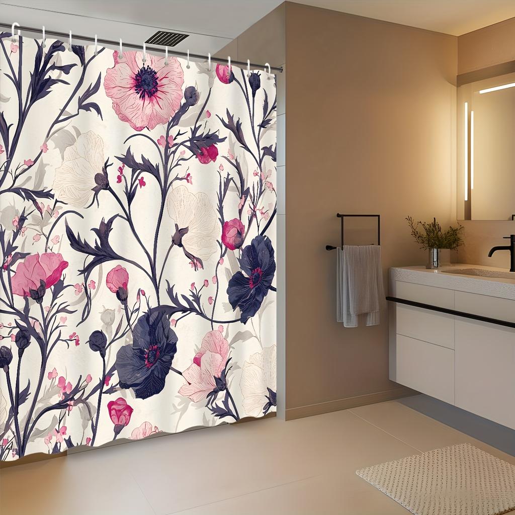 1pc American Vintage Botanical Branches Pink Floral Shower Curtain Decorative Printed Shower Curtain with Hooks Polyester Fabric