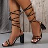 New Summer Elegant Lace-up Solid Color Square-toe Banquet High Heels Open Toe Fashion Thick Heels Sexy Women's Sandals