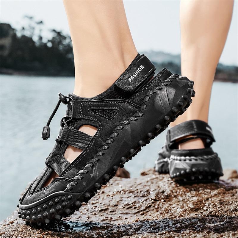 Men Outdoor Hiking Sandals Handmade Summer Roman Sandals Retro Wide Close Toe Grey Beach Shoes Over Sized