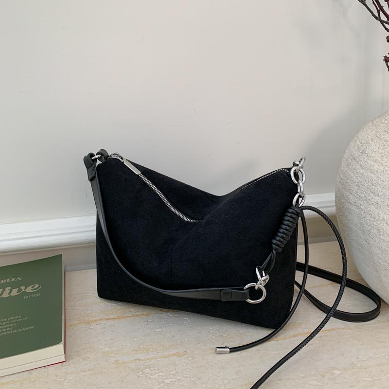 Retro Commuting Suede Shoulder Bag Women's Large Capacity Zipper Crossbody Pack Autumn Winter Trendy Square Khaki Handbags
