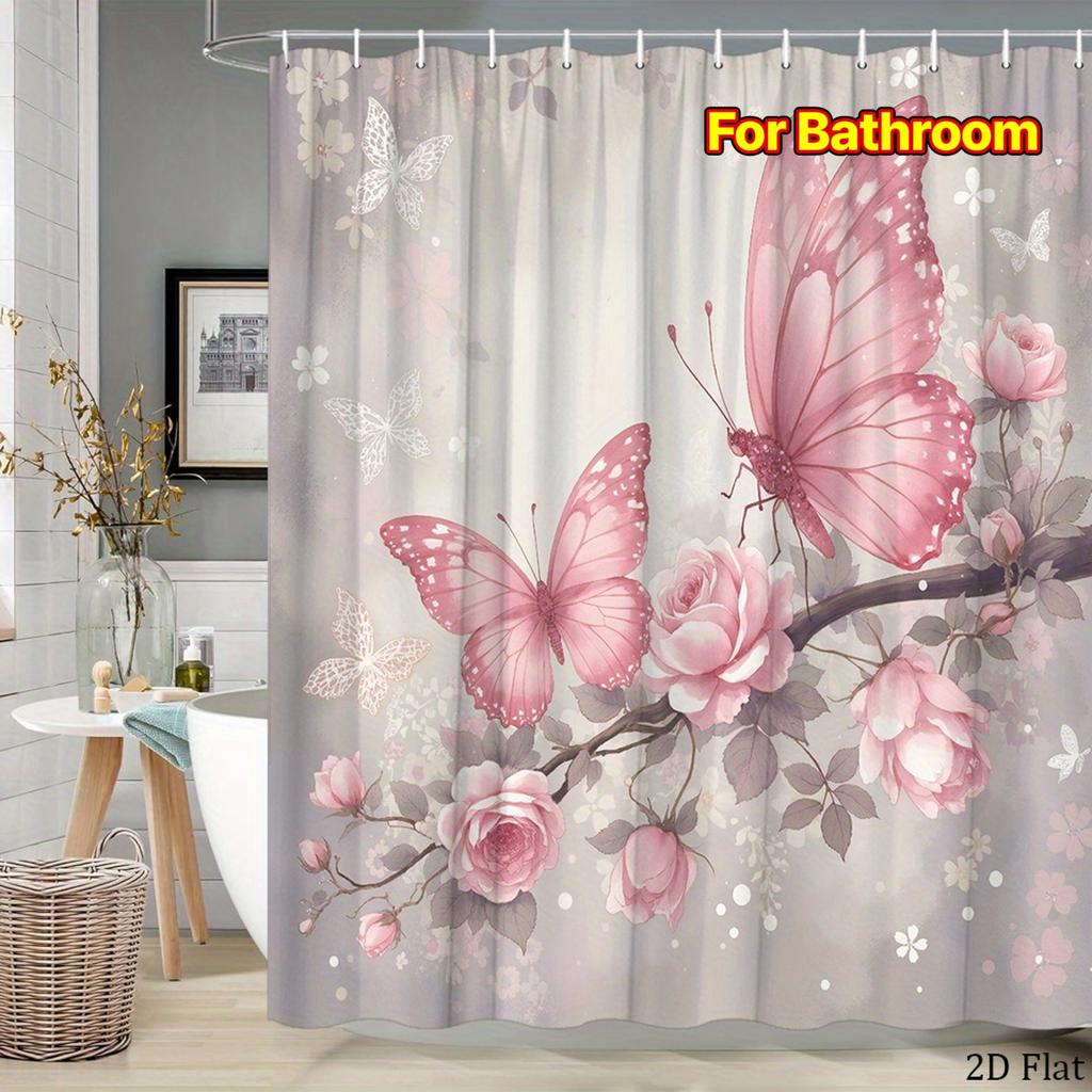 Pink Butterfly Rose Flower Shower Curtain Machine Washable All Season Waterproof Privacy Protection Romantic Design Elegant