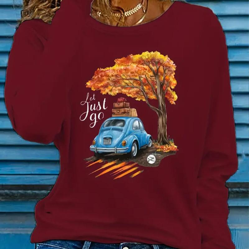 Top da donna Albero dorato Stampa auto Girocollo Manica lunga T-shirt Autunno Casual Slim Pullover Top da donna a manica lunga