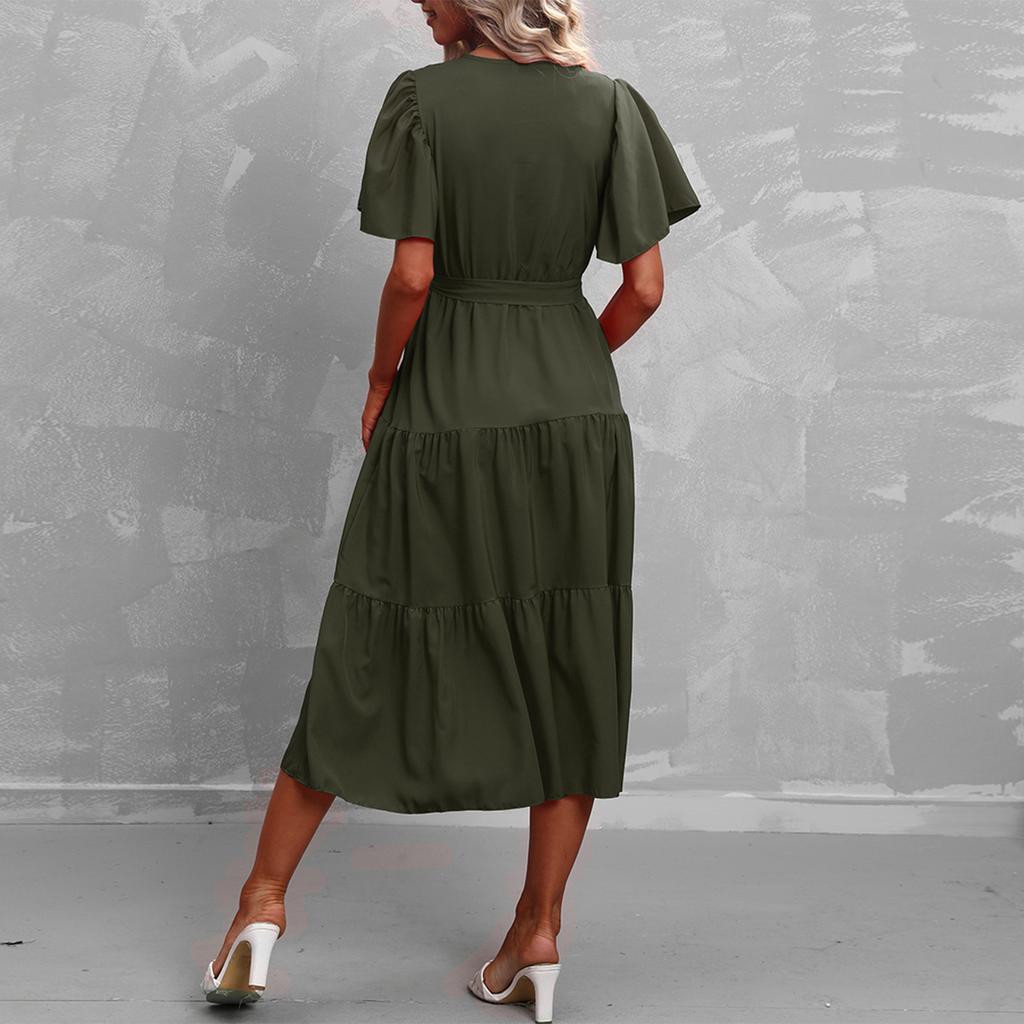 Modisches Damen Sommerkleid in Farbe mit V-Ausschnitt, kurzen Ärmeln und Bindung für den Strandurlaub