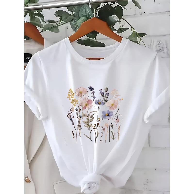 European Size Women'S Plus-Size Vintage Floral Printed T-Shirt, Casual Round-Neck Top, Suitable for Spring, Summer, And Autumn, Machine Washable.