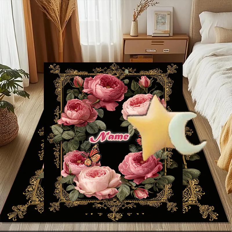 1PC Custom Name Floral Frame Butterflies Theme Floor Mat Ideal for Living Room, Game Rooms, Office, Bedroom Floor Mat Playful Design