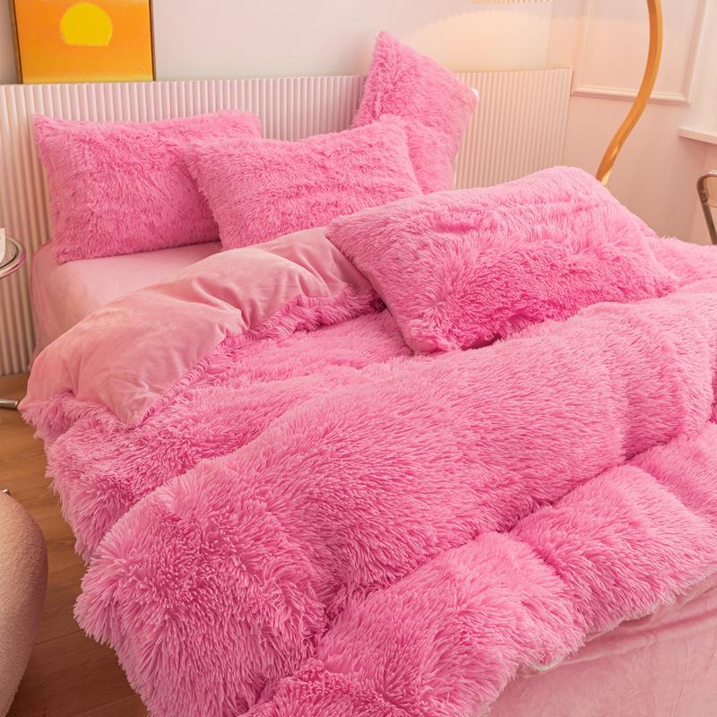 Coral Fleece Four-piece Bedding Set, Mink Fleece, Cloud Mink Fur Fleece-lined Bedding, Winter Thickened Warm Duvet Cover and Sheets