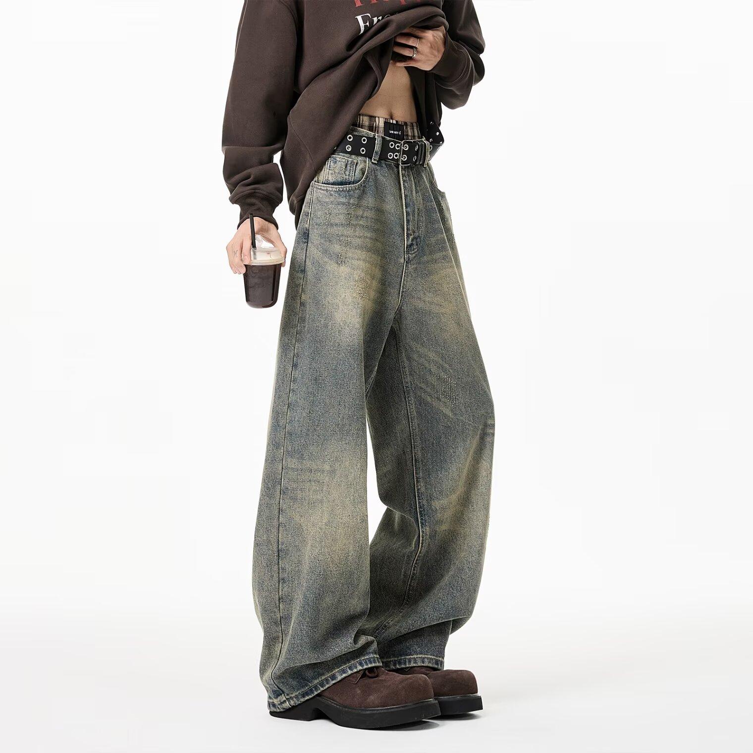 JYL Men s Straight Jeans Vintage Side Stripe American High-Street Trendy Denim S