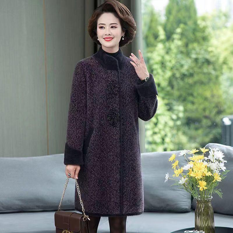 Mother's Long Loose Cardigan Woolen Coat In Autumn and Winter Imitation Mink Velvet Coat for Middle-aged and Elderly Women