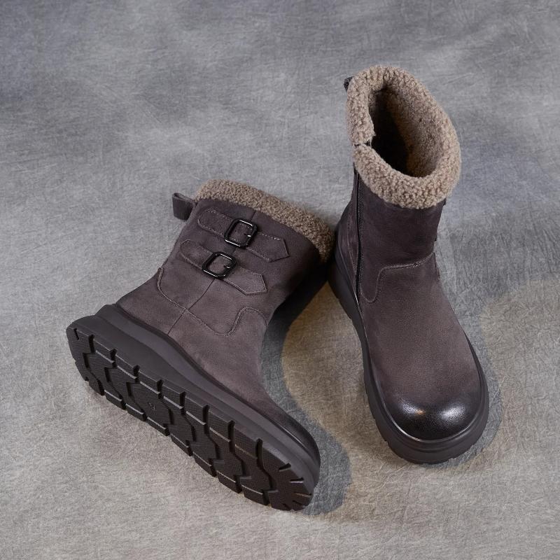 Johnature Anti Slip Thick Soled Snow Boots Belt Buckle Plush Warm Genuine Leather Women's Mid-calf Boots