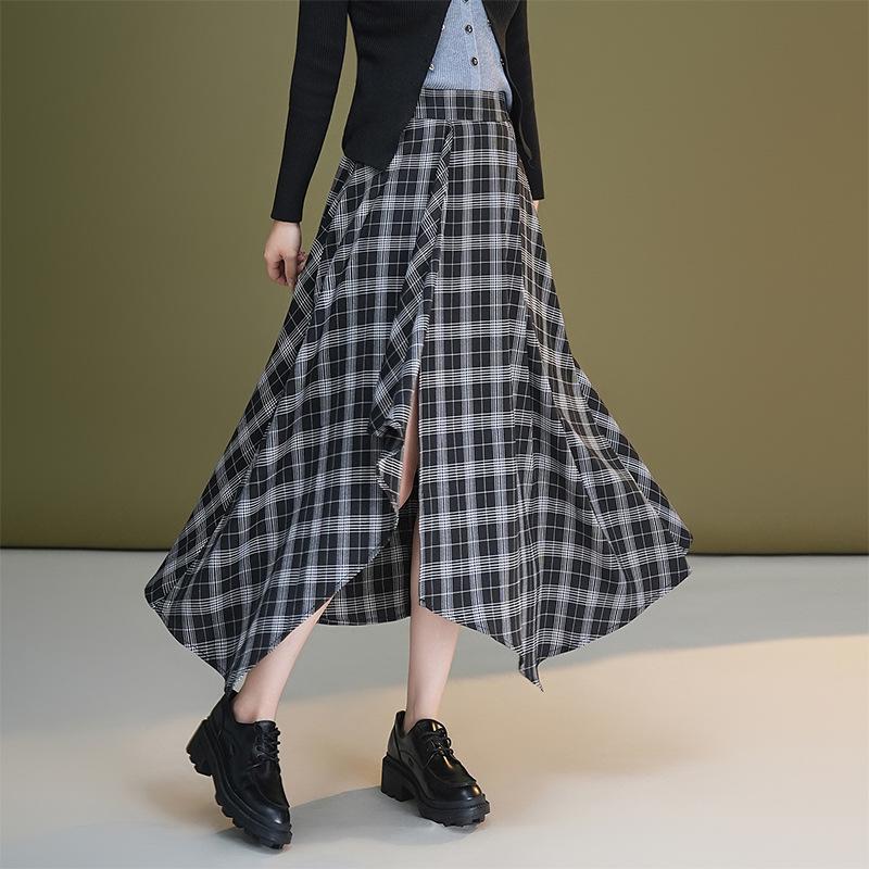 Autumn 2025 High-Waisted Irregular Black & White Plaid Skirt for Women