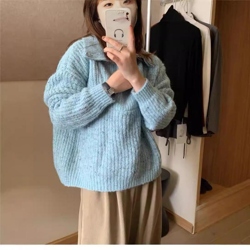 Retro Simple Half Zipper Lapel Knitted Sweater Women's Autumn and Winter New Flower Thread Soft Waxy Gentle Pullover Sweater Tide