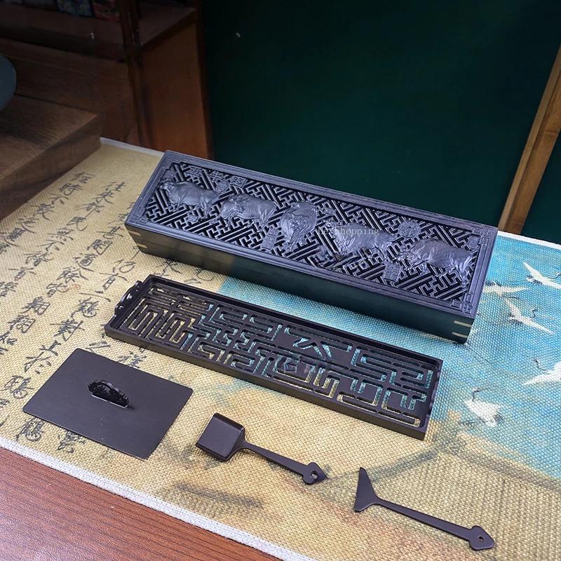 

24cm Brass Incense Lore Tools Five-piece Set Rectangular Lying Incense Box Engrave Five Cow Pattern Design Aromatherapy Tool
