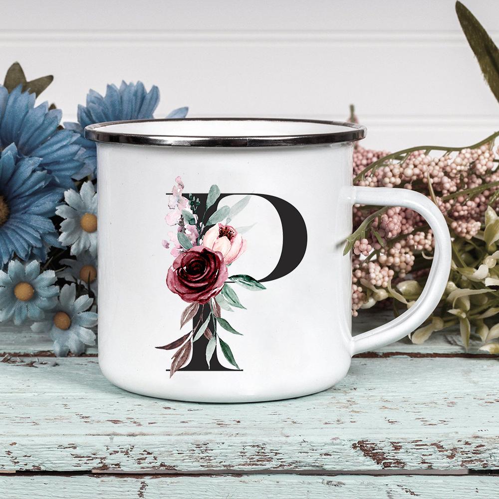 Alphabet Blumen A-Z Vintage Emaille Kaffee Tee Tassen Urlaub Camping Getränke Saft Bier Tassen Zuhause Büro Milch Tasse Geburtstagsgeschenke