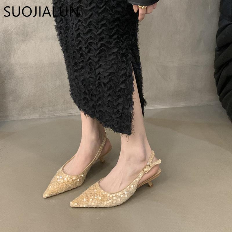 Móda SUOJIALUN 2024 Jaro Nové Dámské Sandály Módní Bling Korálky Dámské Elegantní Boty Slingback Špičatá Špička Nazouvací Muly Lodičky Boty