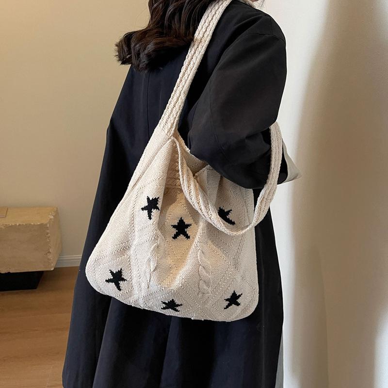 Star Knit Women's Bag New Knitted Eco Shopper Bag Crochet Rope Shoulder Bag Female Knitting Handbag Vintage Tote Bag AVE