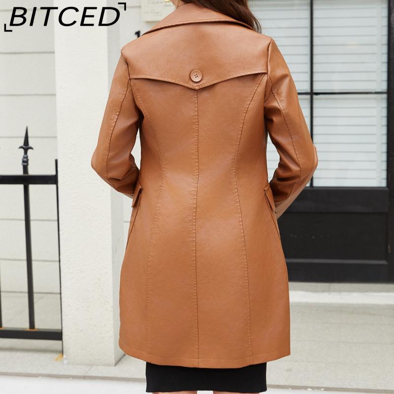 BITCED Long-Length Leather Coat Spring/Autumn Long-Sleeved Leather Trench Coat Stylish British-Style Outerwear Polo Neck Single-Breasted