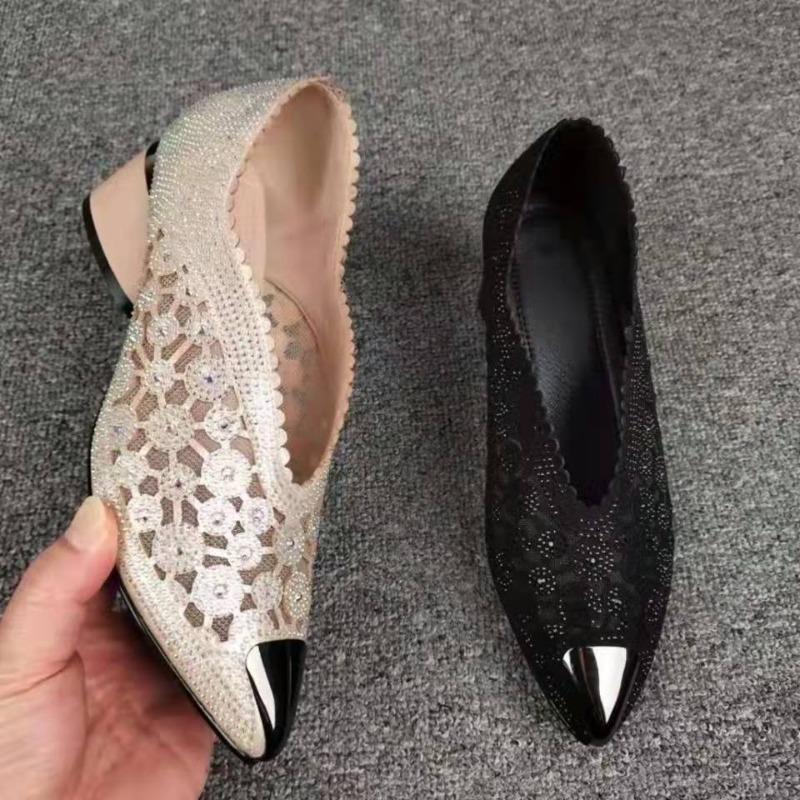 Round Heel Single Shoes Autumn New Metallic Pointed Toe Shallow Mouth Cutout Breathable Rhinestone Mid-heel Shoes