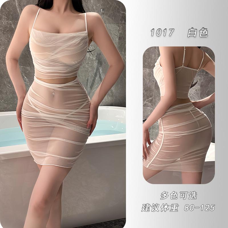 Sexy suspender hip skirt flirting lace hot transparent uniform seduction women's pajamas free set 