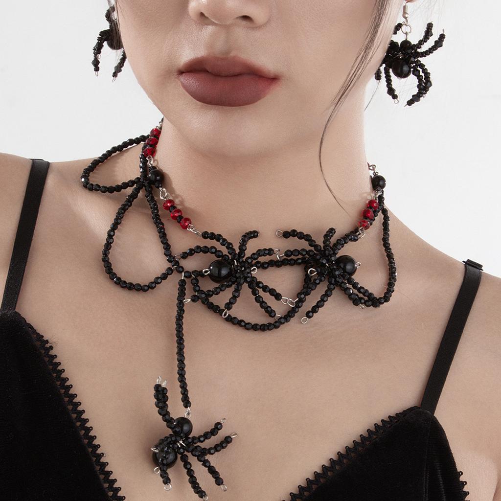 Halloween dark goth crystal spider necklace punk exaggerated imitation pearl beaded collarbone chain