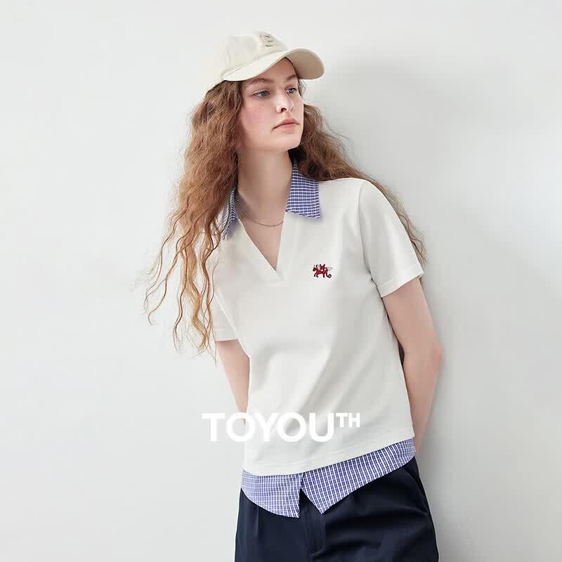 Chuyu Women s Pegasus Embroidered Plaid Faux Two-Piece T-Shirt L