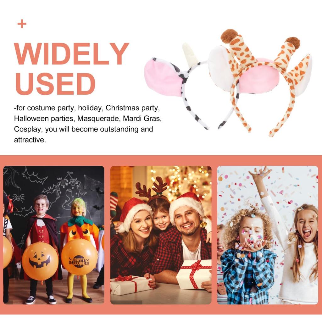 Lurrose Animal Headbands, Set of 2, Giraffe and Cow Cosplay Headbands with Animal Ears, Perfect for Halloween, Christmas, Costumes, Events, and