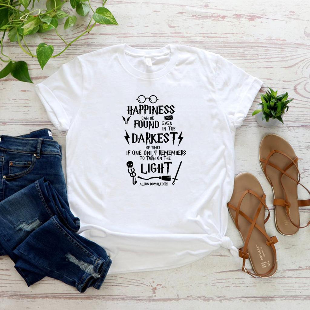 Happiness Can Be Found Even In The Darkest of Times T-Shirt Wizard Shirt HP Fans Tshirt Women Short Sleeve Tees