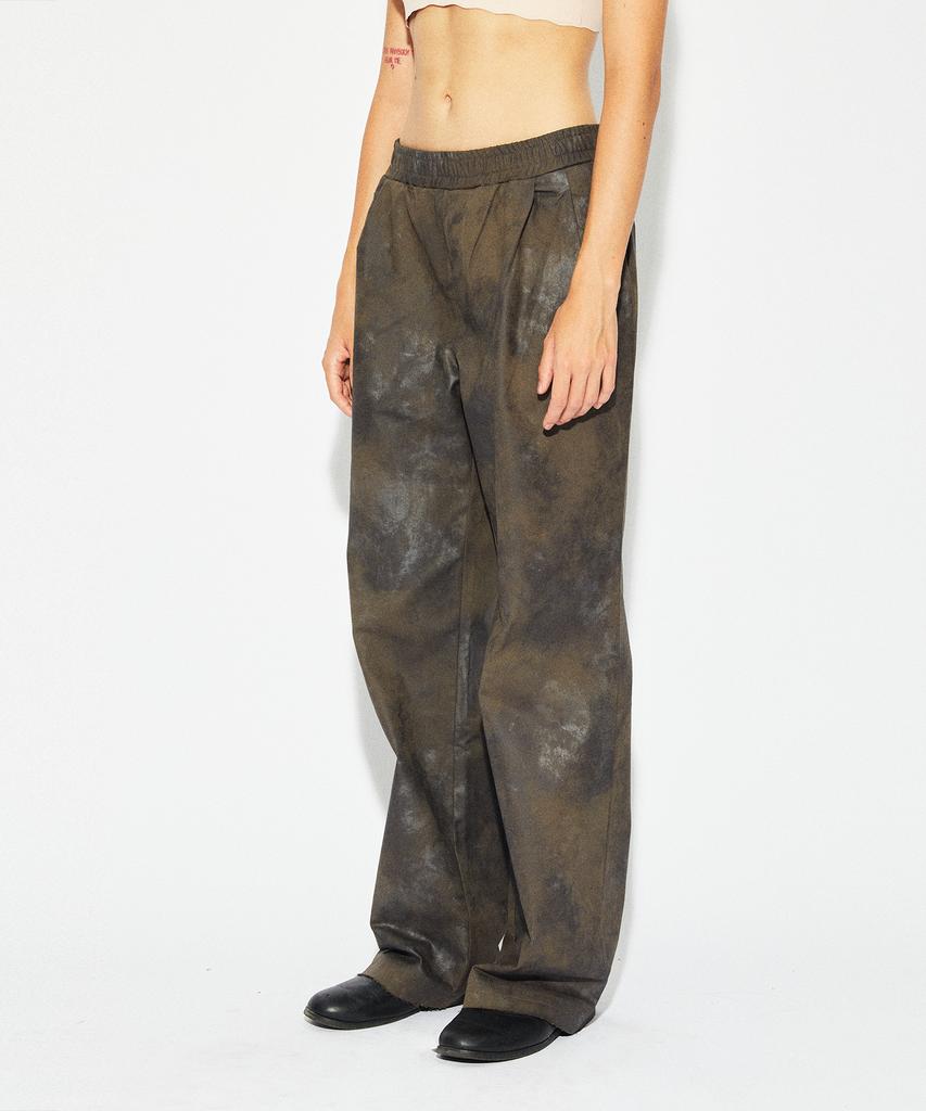 Tonsle Dirty Wash Elastic Waist Double Pleated Wide Pants Khaki