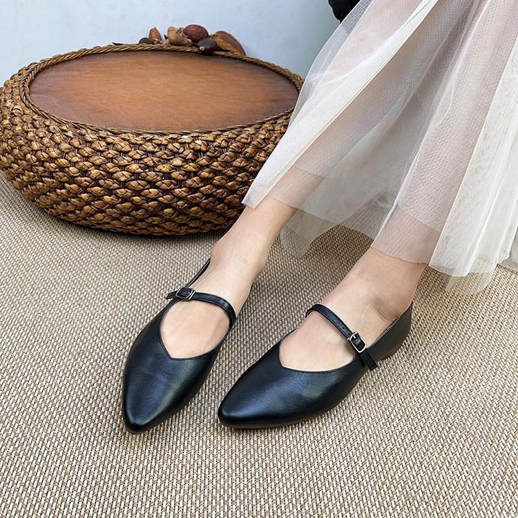 Johnature Vår Høst Retro Spenne Stropp Grunn Myk Uformell spiss Loafers Kvinner Ekte Skinn Flats Sko