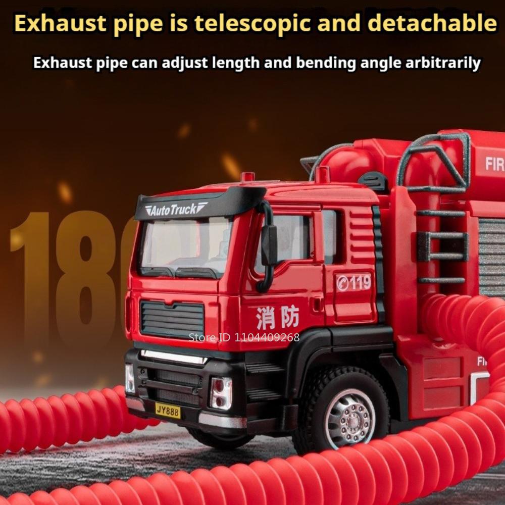 1:50 Smoke Exhaust Fire Truck Water Sprinkler Car Model Toy Pull Back Door Opened Spray Engineering Vehicles Metal Cars Presents