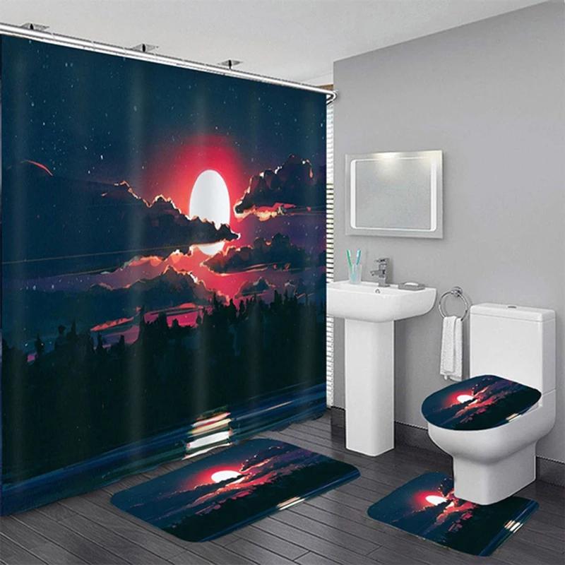 Wasserdichte Duschvorhang-Sets Mit Teppichen Mondlicht Meereslandschaft Badteppich Und Matten Haken Toilettensitzbezug Badezimmerdekoration