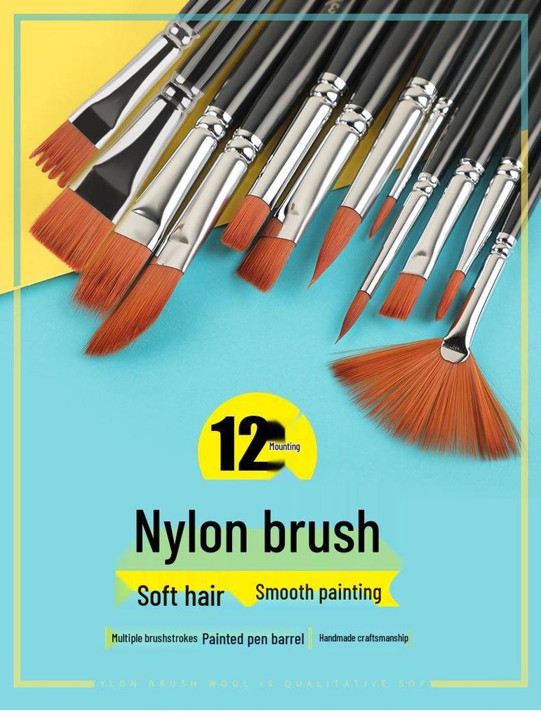 12-Piece Mixed Style Black Handle Brush Set: Short, Nylon Bristle Brushes for Watercolor, Gouache & Oil Painting