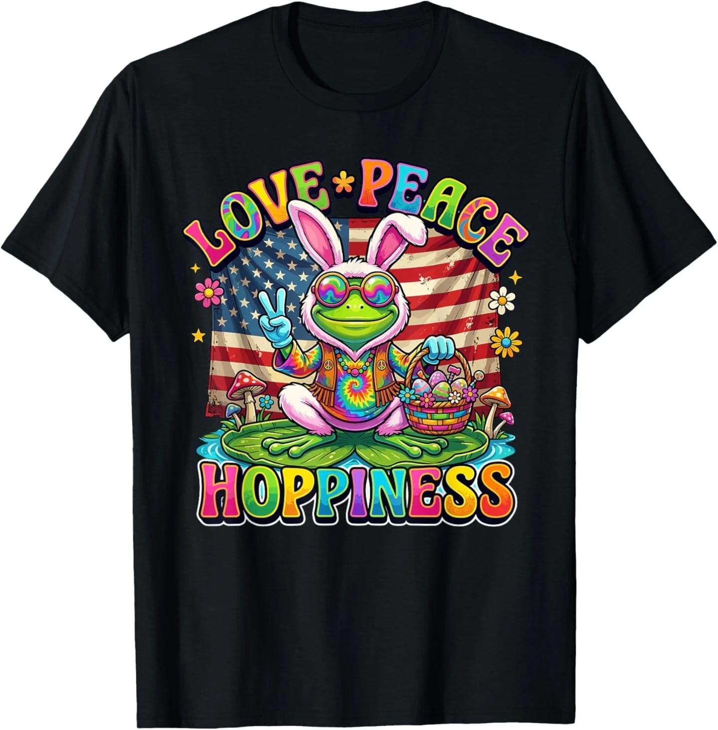 Patriotic Retro Easter Frog Bunny Ears Love Peace Hoppiness T-Shirt M