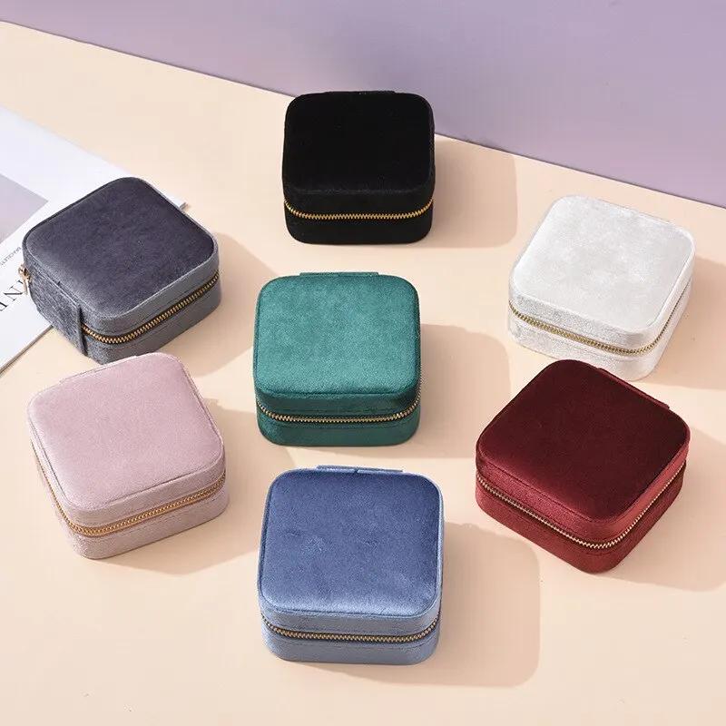 Portable Jewelry Storage Box with Mirror Zipper Square Boxes Earrings Necklace Ring Jewelry Organizer Display for Travel K