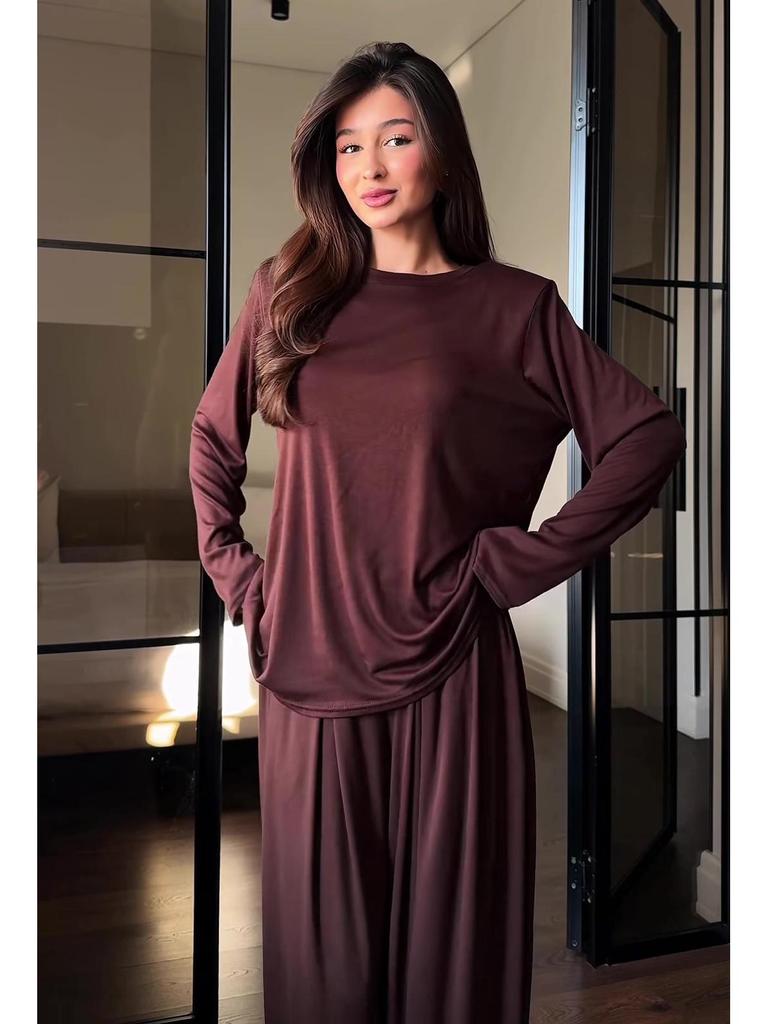 Spring 2026 Women's Solid Color Loose Long Sleeve Top & Wide Leg Pants Suit