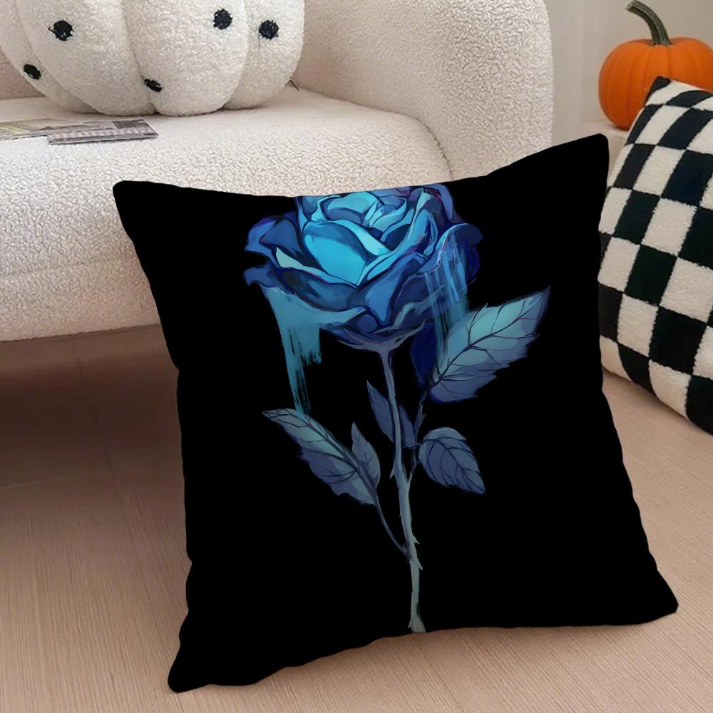 Blue Rose Cushion Cover Linen Pillow Case Soft Breathable Protective Couch Room Decoration
