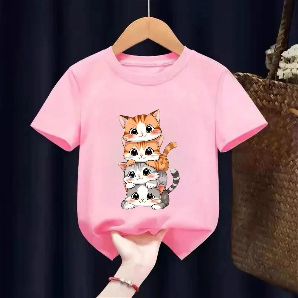 Cute Cat Graphic Kids Tshirts Summer Short Sleeve Tees Cartoon Animal Boys Girls Clothes Kawaii Kitten Tops Y2K Children Tshirt
