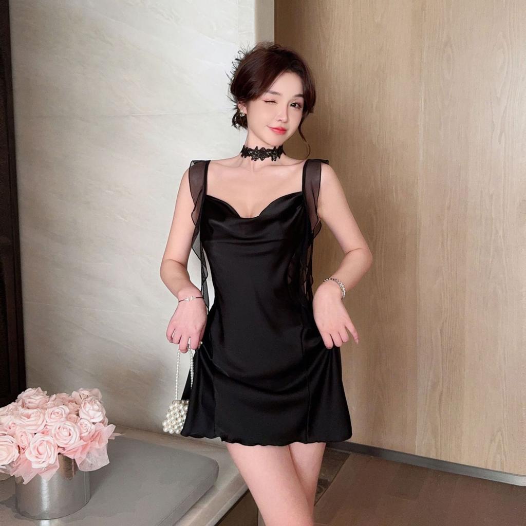 Sexy pajamas women Ice Ribbon chest pad Ruth with the same new mesh suspender nightgown nightgown outside