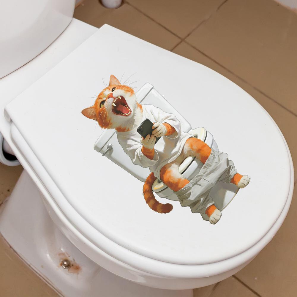 Funny Cat Squatting on Toilet Self Adhesive Waterproof Bathroom Wall Sticker Home Decor