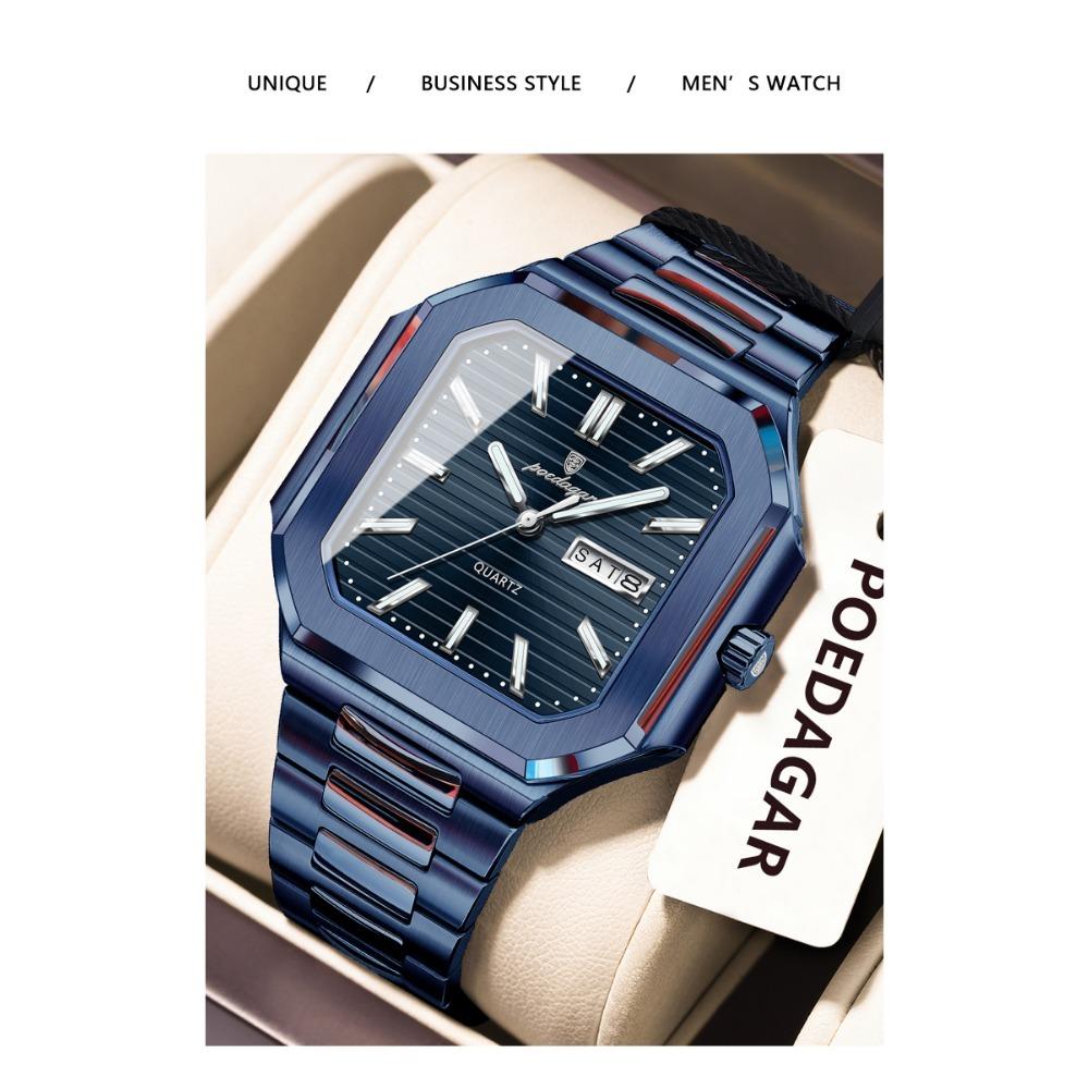 POEDAGAR Luxury Watch Waterproof Luminous Date Week Quartz Men's Watches Stainless Steel Fashion Square Men Watch