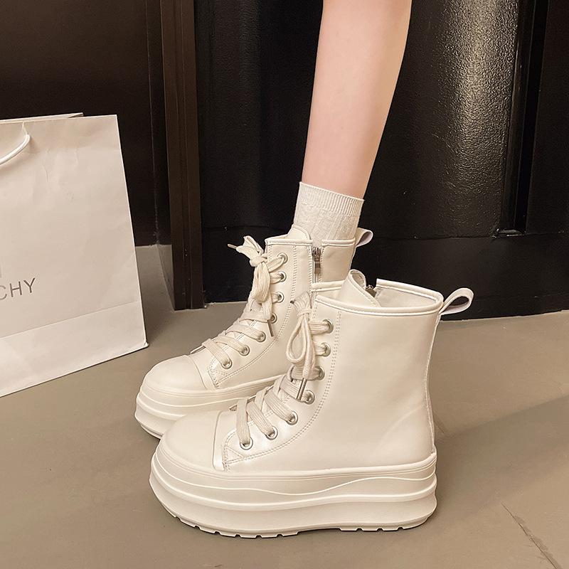 Imitation leather thick baseplate shoes women's autumn 2025 new versatile velvet round head lace-up side zipper casual bread shoes