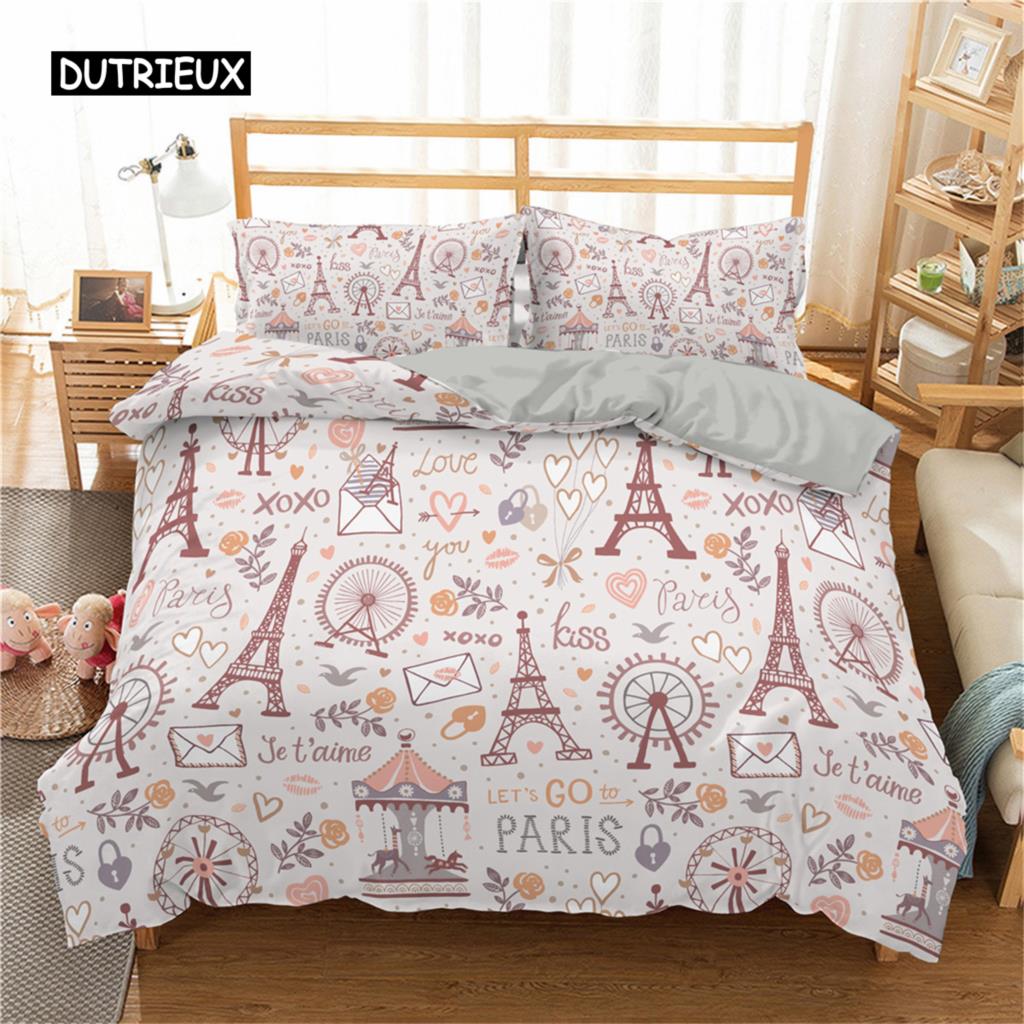 Eiffel Tower Quilt Cover Package King Size Paris Eiffel Tower Themed Bed Cover Package Polyester Fabric Cityscape Love-themed Pink Love Heart Quilt EU single(135x200cm)
