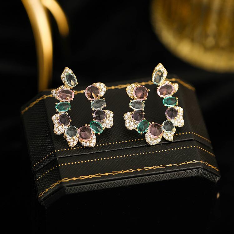 

Серьги-гвоздики U-образной формы с разноцветными драгоценными камнями, роскошные серьги-феи с легкой инкрустацией цирконием, серьги. 14k