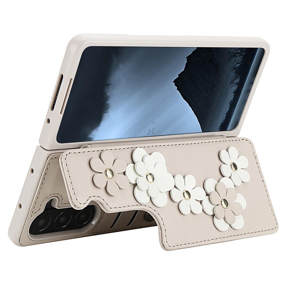 For Samsung Galaxy Z Fold5 5G Case Card Slots Leather Coated TPU Flower Phone Cover with 2 Straps