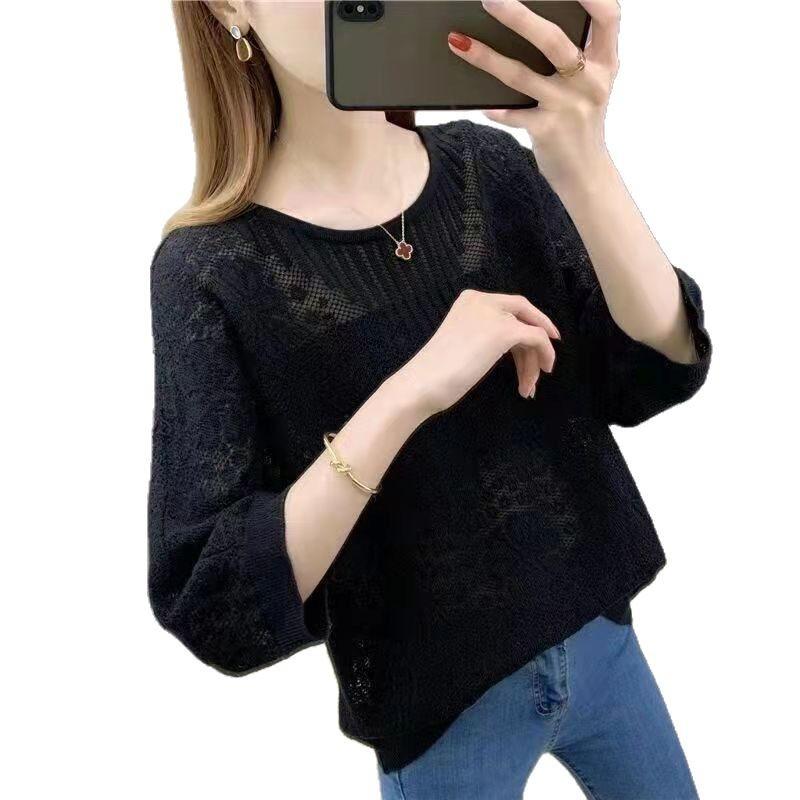 Spring and summer seven-quarter sleeve t-shirt loose hollow blouse thin crew neck fashion versatile women's knitted sweater top