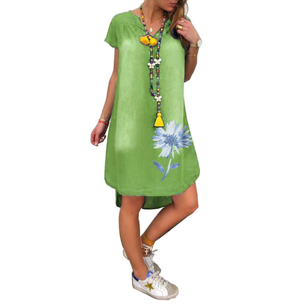 Fashion Women's Casual Printed V-Neck Short Sleeve Knee Length Denim Dress