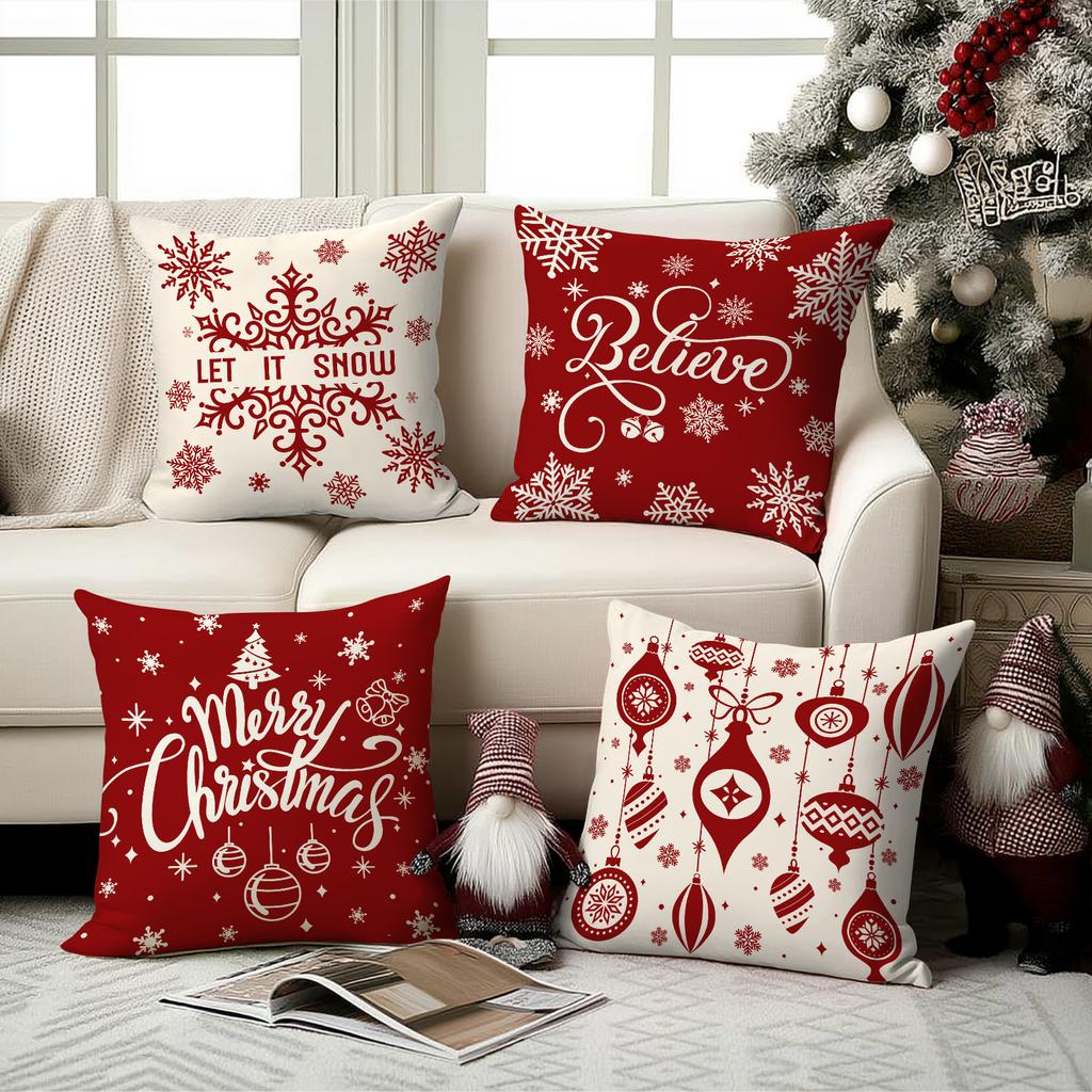 1/4 Pcs Red Christmas Pillowcase Snowflake Christmas Ball Pendant Pattern Cushion Cover Winter Holiday Home Decoration