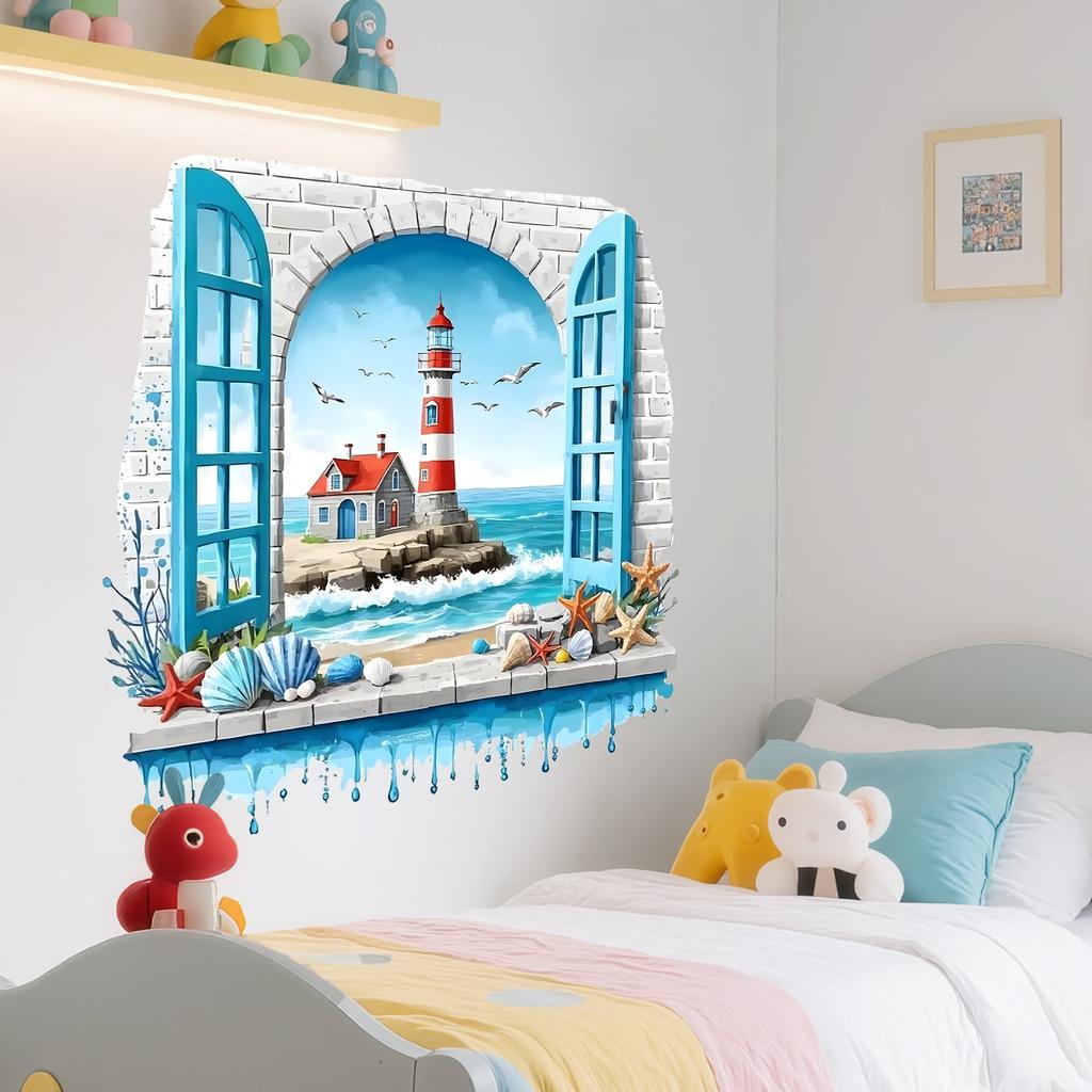 3D Faux Window Lighthouse Seascape Wall Sticker Self-Adhesive Removable Mediterranean Style Living Room Bedroom Background Wall Home Decor