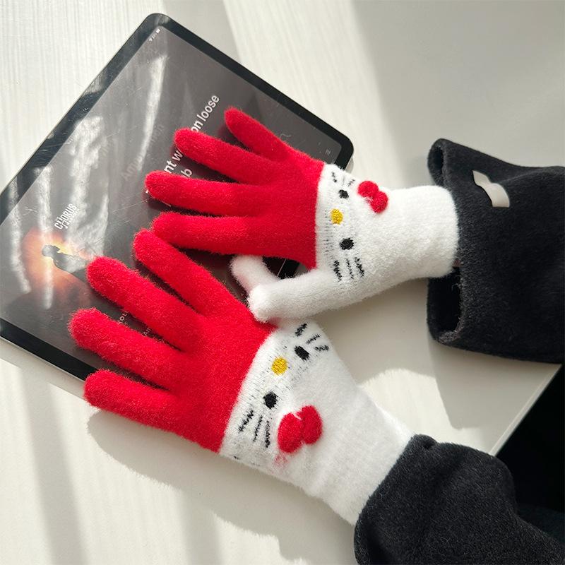 Cute Cartoon Kai Cat Patchwork Warm Knitted Gloves Girls' Autumn and Winter Bicycle Five Fingered Plush Gloves