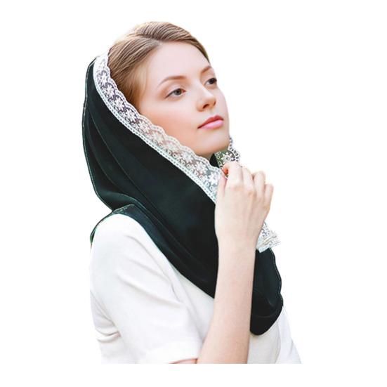 

Hooded Headscarf Lightweight Breathable Gauze Fabric Sun Protection Turban Hat with Lace Embroidery Lightweight Commuting Head Wrap чорний