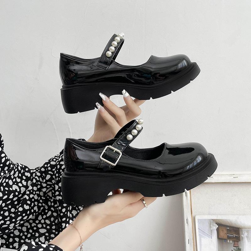 Fashion Women Leather Shoes British Style Classic Mary Janes Round Toe Platform Square Middle Heels Thick Soled Loafers Shoes Plus Size